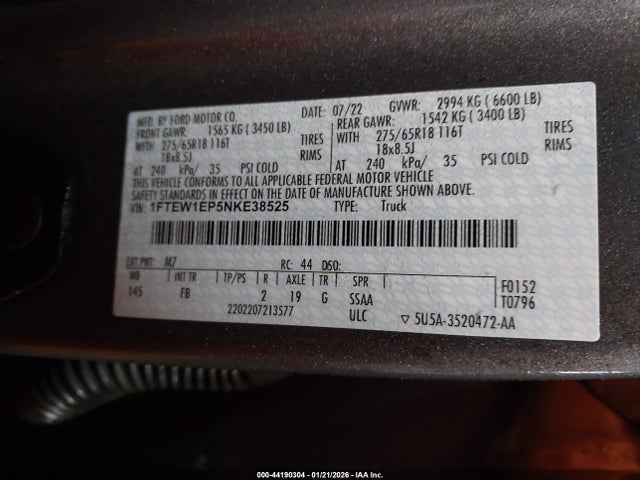 Aukcja sprzedaży 2022 Ford F-150 Xlt, vin: 1FTEW1EP5NKE38525, numer aukcji: 44190304