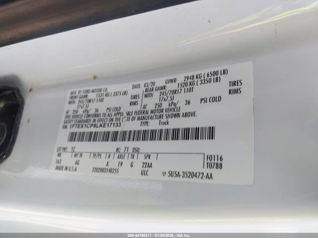 44190311 :رقم المزاد ، 1FTEX1CP8LKE17133 vin ، 2020 Ford F-150 Xl مزاد بيع