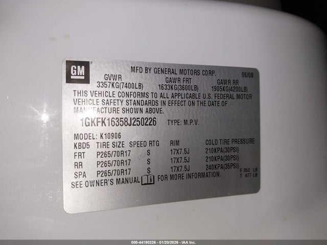 Aukcja sprzedaży 2008 Gmc Yukon Xl 1500 Slt, vin: 1GKFK16358J250226, numer aukcji: 44190326