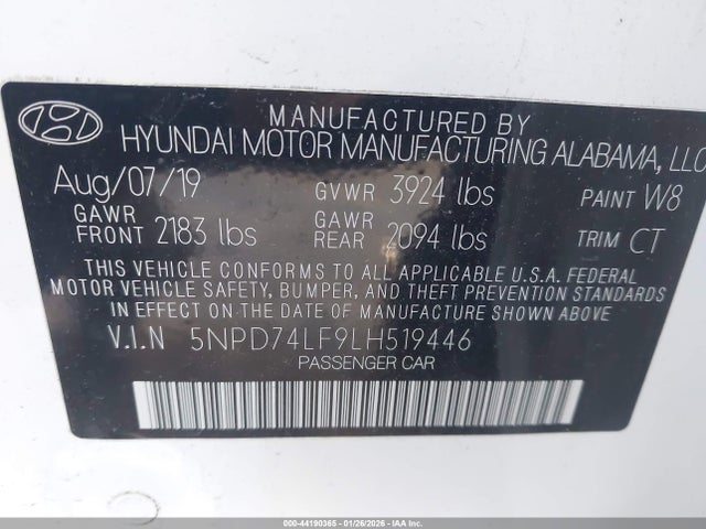 44190365 :رقم المزاد ، 5NPD74LF9LH519446 vin ، 2020 Hyundai Elantra Se مزاد بيع