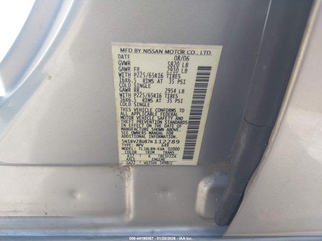 2007 NISSAN QUEST 5N1BV28U87N112289 Photo 8