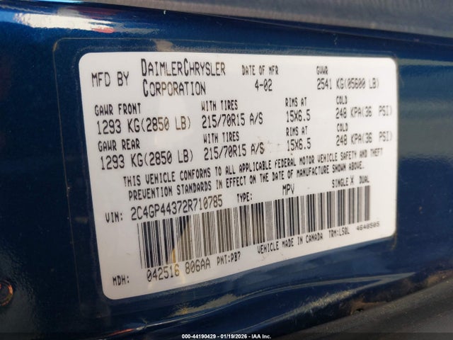 2002 CHRYSLER TOWN & COUNTRY 2C4GP44372R710785 Photo 8