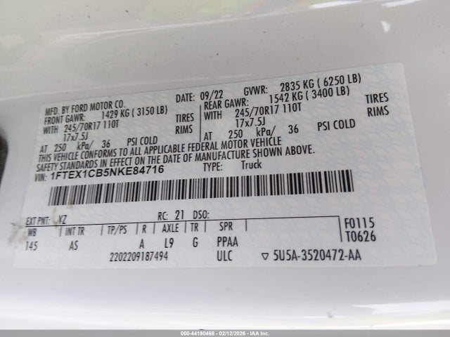 44190468 :رقم المزاد ، 1FTEX1CB5NKE84716 vin ، 2022 Ford F-150 Xl مزاد بيع