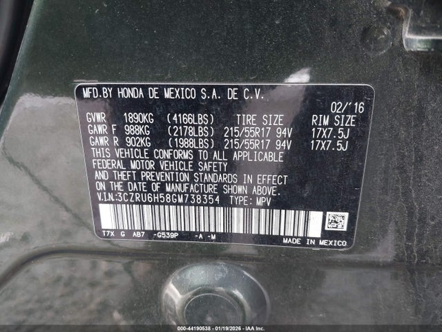 3CZRU6H58GM738354 Honda HR-V EX