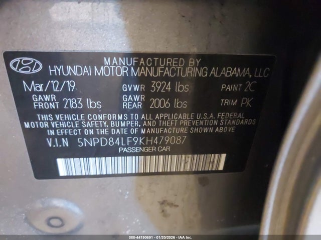 5NPD84LF9KH479087 Hyundai ELANTRA SEL