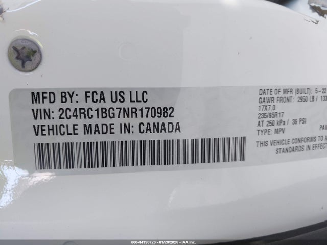 44190720 :رقم المزاد ، 2C4RC1BG7NR170982 vin ، 2022 Chrysler Pacifica Touring L مزاد بيع