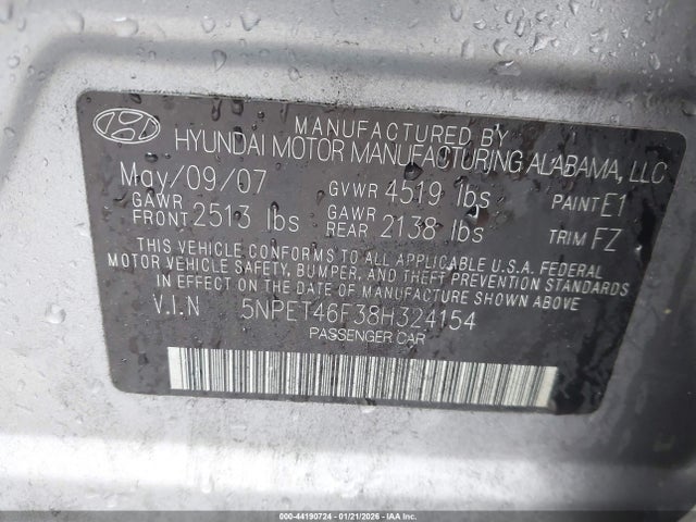 2008 HYUNDAI SONATA 5NPET46F38H324154 Photo 8