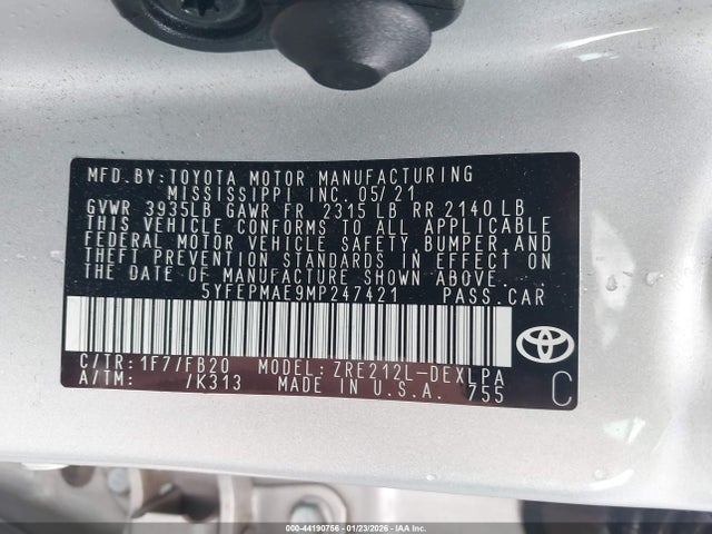 2021 TOYOTA COROLLA 5YFEPMAE9MP247421 Photo 8