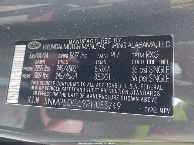 44190760 :رقم المزاد ، 5NMP5DGL9RH053249 vin ، 2024 Hyundai Santa Fe Calligraphy مزاد بيع