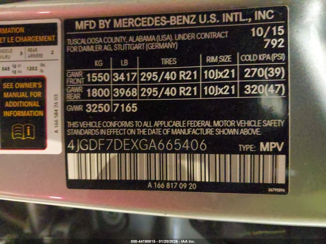 Aukcja sprzedaży 2016 Mercedes-benz Gl 550 4matic, vin: 4JGDF7DEXGA665406, numer aukcji: 44190815