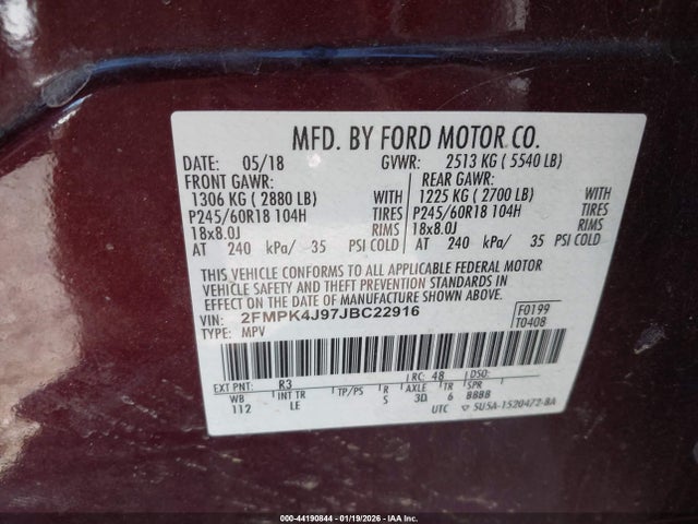 Aukcja sprzedaży 2018 Ford Edge Sel, vin: 2FMPK4J97JBC22916, numer aukcji: 44190844