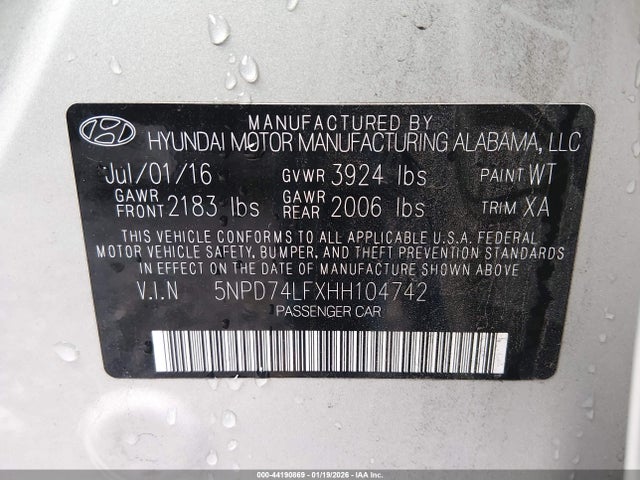 5NPD74LFXHH104742 Hyundai ELANTRA SE
