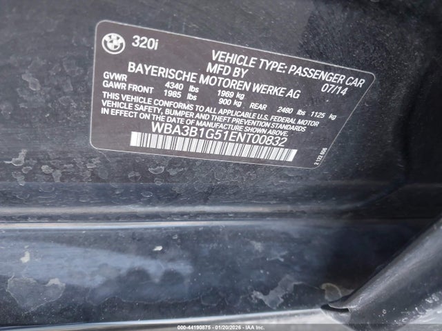2014 Bmw 320i მანქანა იყიდება აუქციონზე, vin: WBA3B1G51ENT00832, აუქციონის ნომერი: 44190875
