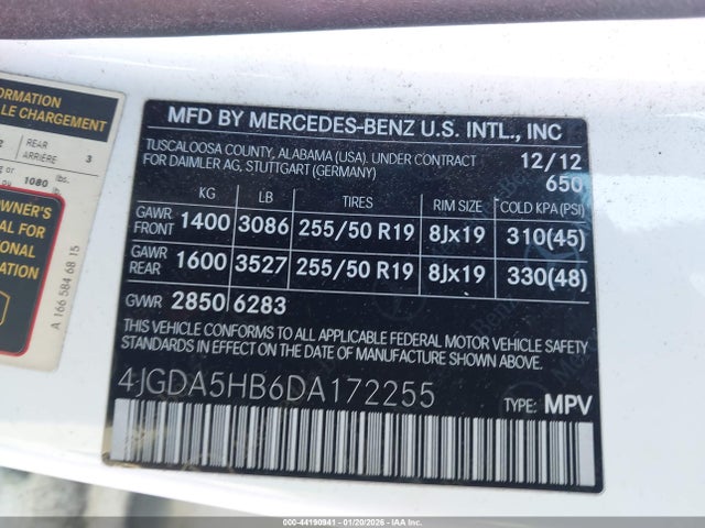 Продажа на аукционе авто 2013 Mercedes-benz Ml 350 4matic, vin: 4JGDA5HB6DA172255, номер лота: 44190941