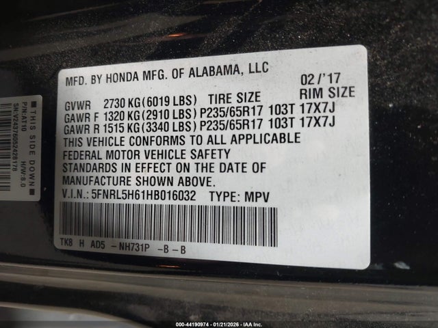 2017 Honda Odyssey Ex-l მანქანა იყიდება აუქციონზე, vin: 5FNRL5H61HB016032, აუქციონის ნომერი: 44190974