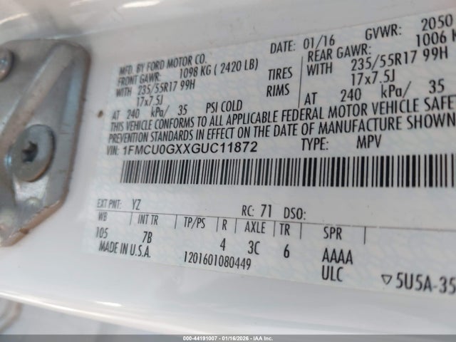 1FMCU0GXXGUC11872 Ford ESCAPE SE