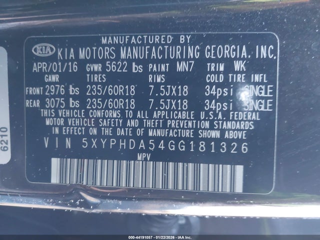 5XYPHDA54GG181326 KIA Sorento 3.3l Ex