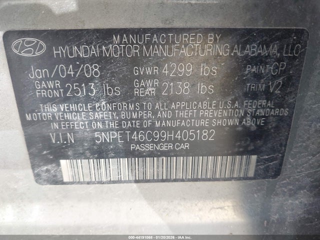2009 Hyundai Sonata Gls მანქანა იყიდება აუქციონზე, vin: 5NPET46C99H405182, აუქციონის ნომერი: 44191068