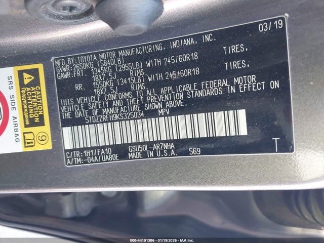 Продажа на аукционе авто 2019 Toyota Highlander Le Plus, vin: 5TDZZRFH9KS325034, номер лота: 44191306