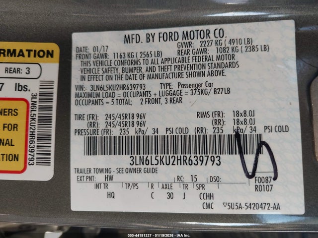 3LN6L5KU2HR639793 Lincoln Mkz Hybrid Premiere