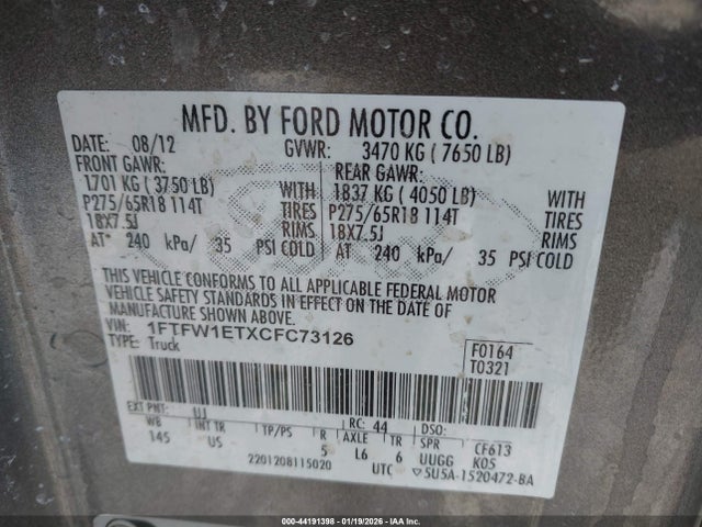 Aukcja sprzedaży 2012 Ford F-150 Xlt, vin: 1FTFW1ETXCFC73126, numer aukcji: 44191398