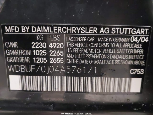 Aukcja sprzedaży 2004 Mercedes-benz E 500, vin: WDBUF70J04A576171, numer aukcji: 44191526