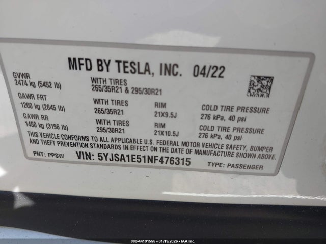 2022 TESLA MODEL S 5YJSA1E51NF476315 Photo 8