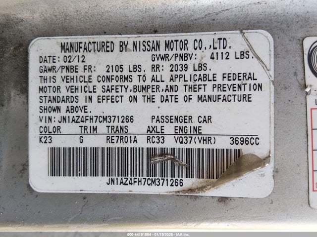 Продаж на аукціоні авто 2012 Nissan 370z Touring, vin: JN1AZ4FH7CM371266, номер лоту: 44191564