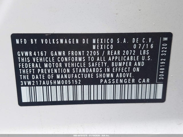3VW217AU5HM005152 Volkswagen Golf Tsi S 4-door
