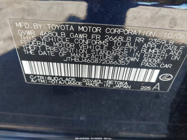 2007 Lexus Es 350 მანქანა იყიდება აუქციონზე, vin: JTHBJ46G872066357, აუქციონის ნომერი: 44191634