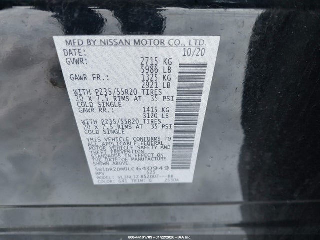 5N1DR2DM0LC640949 Nissan Pathfinder Platinum 4wd