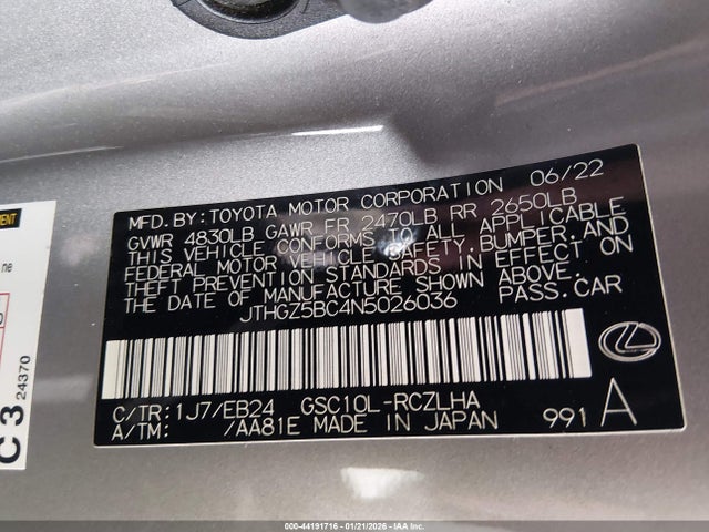 44191716 :رقم المزاد ، JTHGZ5BC4N5026036 vin ، 2022 Lexus Rc 350 F Sport مزاد بيع