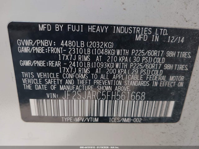 Aukcja sprzedaży 2015 Subaru Forester 2.5i Limited, vin: JF2SJARC5FH561668, numer aukcji: 44191810