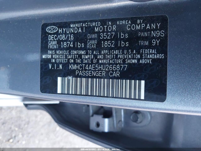 44191892 :رقم المزاد ، KMHCT4AE5HU266877 vin ، 2017 Hyundai Accent Se مزاد بيع