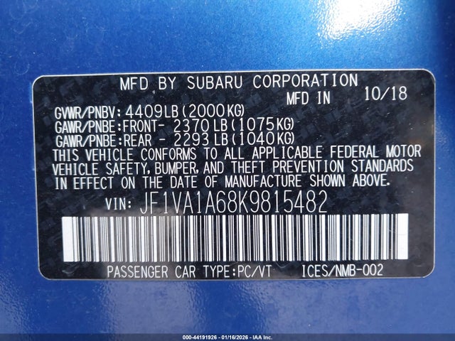 Subaru WRX 2019 JF1VA1A68K9815482 Image 9
