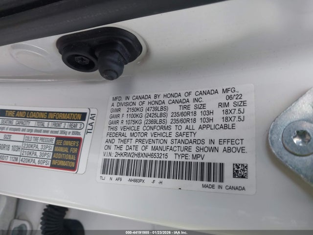2HKRW2H8XNH653215 Honda Cr-v Awd Ex-l