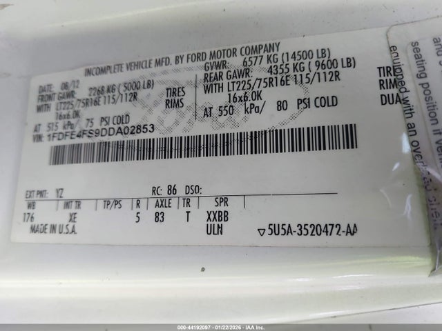 44192097 :رقم المزاد ، 1FDFE4FS9DDA02853 vin ، 2013 Ford E-450 Cutaway مزاد بيع