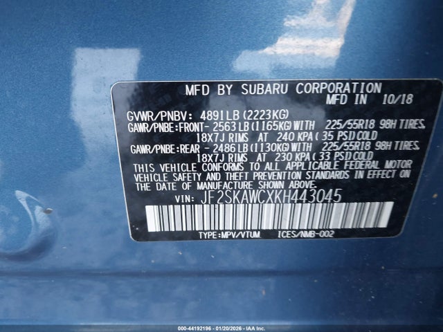 Продаж на аукціоні авто 2019 Subaru Forester Touring, vin: JF2SKAWCXKH443045, номер лоту: 44192196