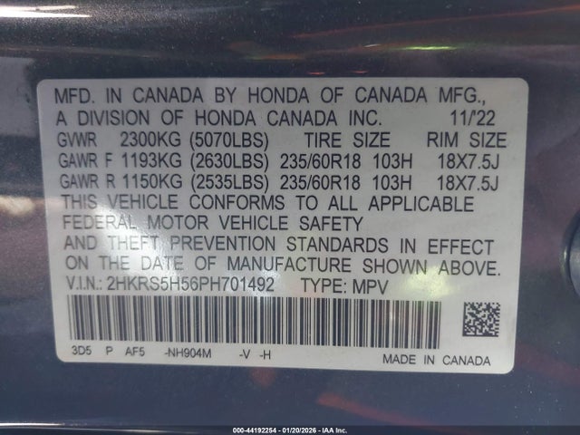 2HKRS5H56PH701492 Honda Cr-v Hybrid Sport