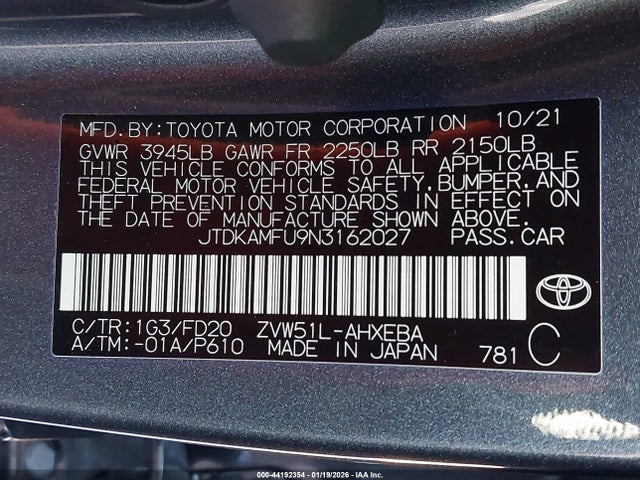 JTDKAMFU9N3162027 Toyota Prius Le