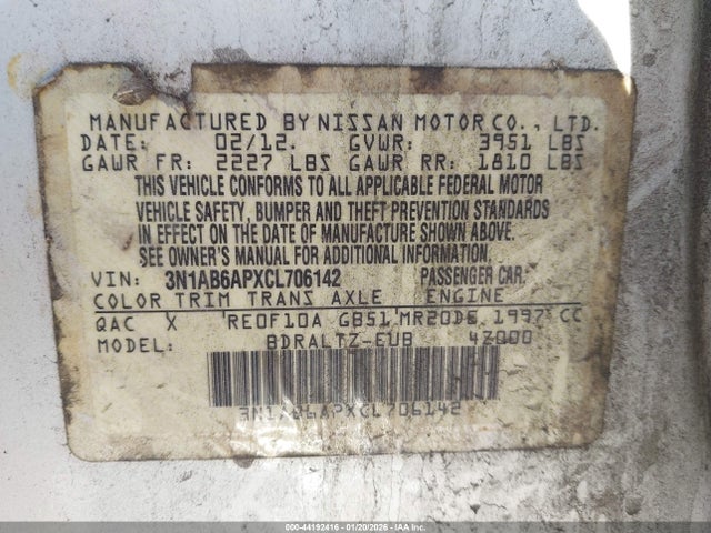 Aukcja sprzedaży 2012 Nissan Sentra 2.0 S, vin: 3N1AB6APXCL706142, numer aukcji: 44192416