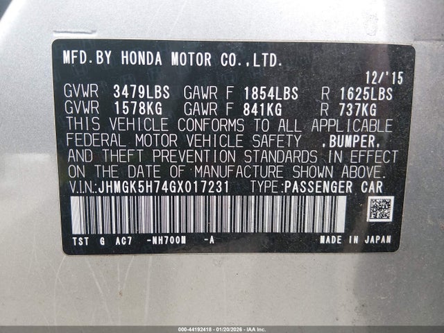 JHMGK5H74GX017231 Honda FIT EX
