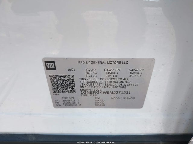 1GNERGKW5MJ271231 Chevrolet Traverse Fwd Lt Cloth
