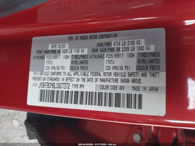 2020 Mazda Cx-5 Touring მანქანა იყიდება აუქციონზე, vin: JM3KFBCM9L0807372, აუქციონის ნომერი: 44192586
