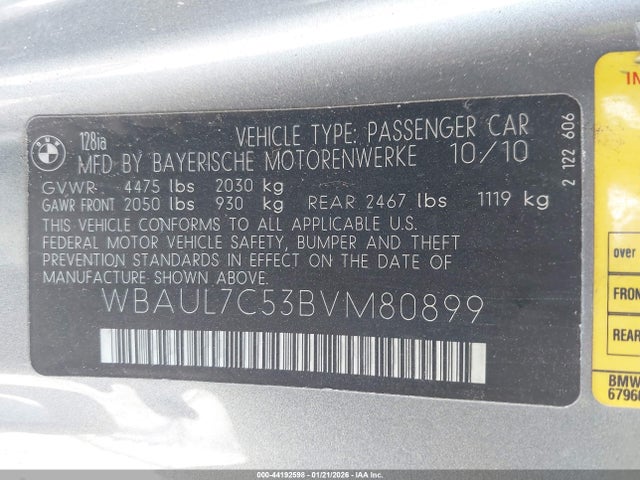 Продаж на аукціоні авто 2011 Bmw 128i, vin: WBAUL7C53BVM80899, номер лоту: 44192598