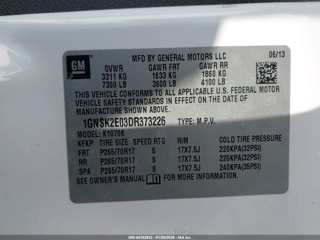 Aukcja sprzedaży 2013 Chevrolet Tahoe Commercial Fleet, vin: 1GNSK2E03DR373226, numer aukcji: 44192632