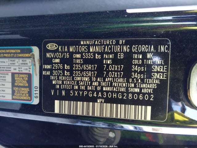 5XYPG4A30HG280602 KIA Sorento 2.4l Lx