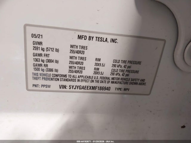 Продаж на аукціоні авто 2021 Tesla Model Y Long Range Dual Motor All-wheel Drive, vin: 5YJYGAEEXMF186940, номер лоту: 44192671
