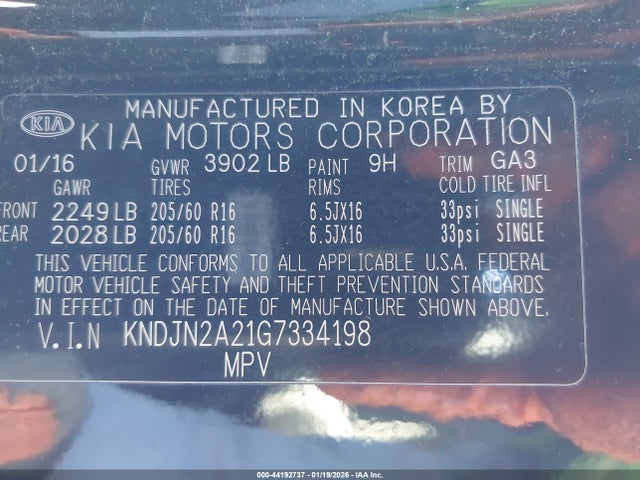 2016 Kia Soul მანქანა იყიდება აუქციონზე, vin: KNDJN2A21G7334198, აუქციონის ნომერი: 44192737