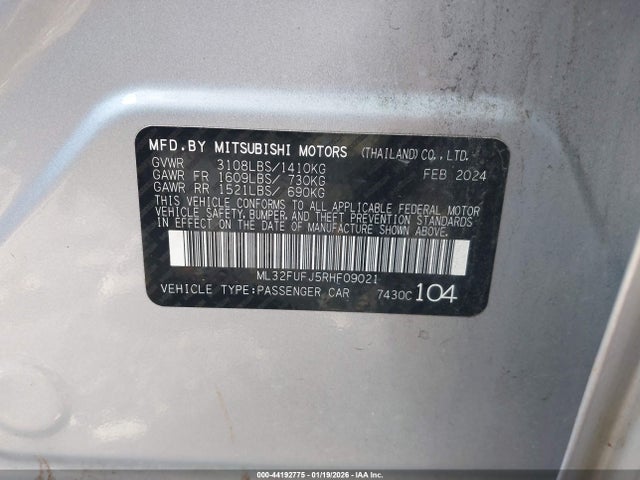 Aukcja sprzedaży 2024 Mitsubishi Mirage G4 Es, vin: ML32FUFJ5RHF09021, numer aukcji: 44192775